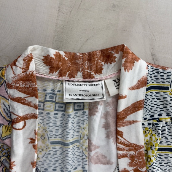 MOULINETTE SOEURS Anthropologie patchwork printed bow blouse top pink work - Picture 6 of 8